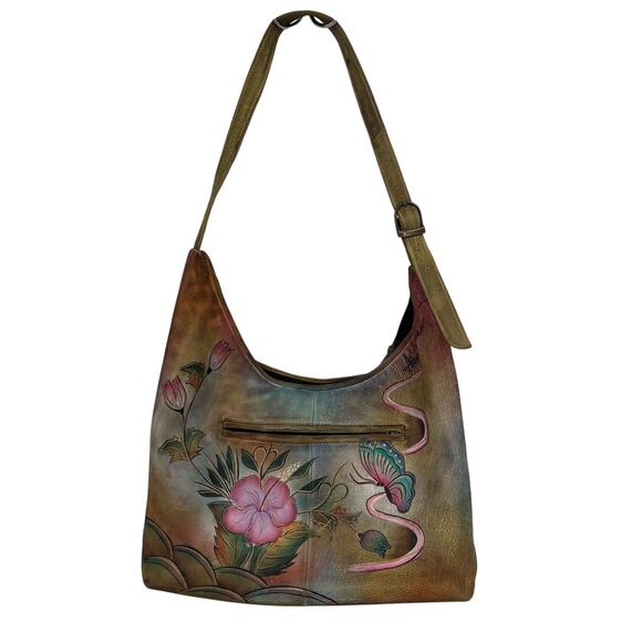 Anuschka Shoulder Bag Leather Hibiscus Flower Butterfly Hand Painted Handbag - Picture 4 of 14